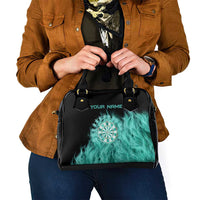 Darts Board Shoulder Handbag with Flaming Green Smoke and Crest Emblem on Black Gradient Background - Wonder Print Shop