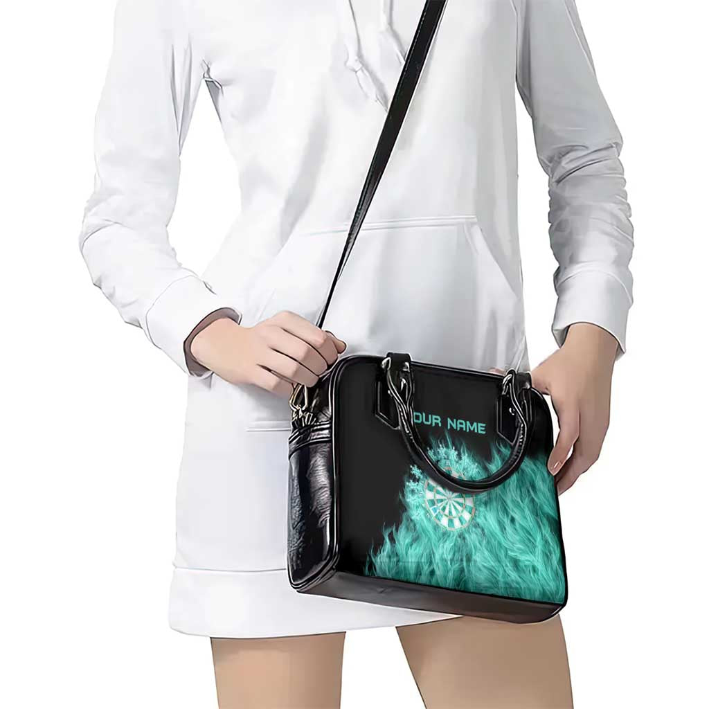 Darts Board Shoulder Handbag with Flaming Green Smoke and Crest Emblem on Black Gradient Background - Wonder Print Shop