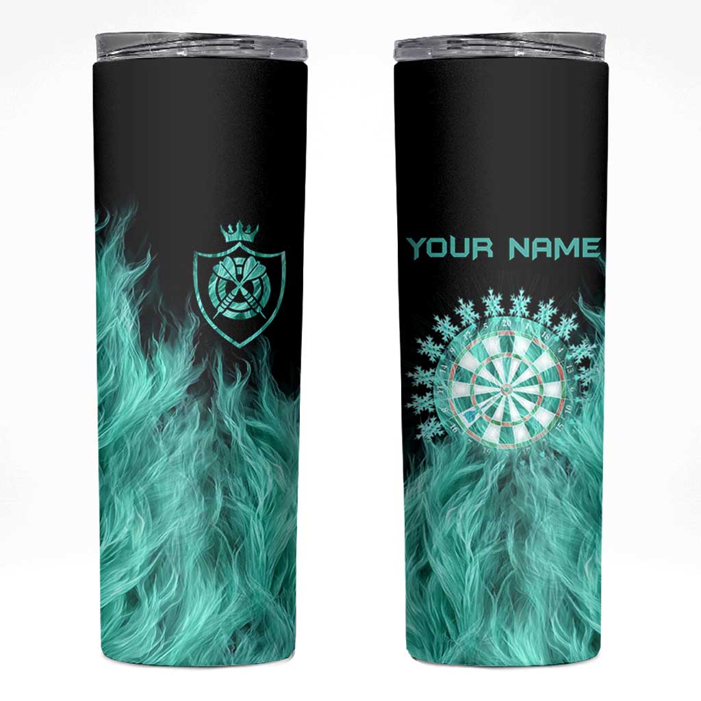 Darts Board Skinny Tumbler with Flaming Green Smoke and Crest Emblem on Black Gradient Background - Wonder Print Shop
