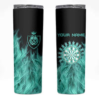 Darts Board Skinny Tumbler with Flaming Green Smoke and Crest Emblem on Black Gradient Background - Wonder Print Shop