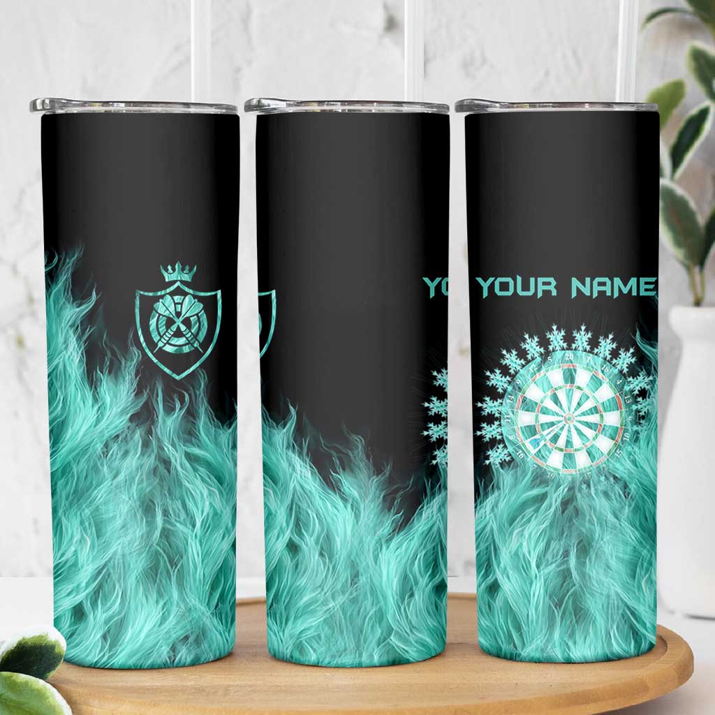 Darts Board Skinny Tumbler with Flaming Green Smoke and Crest Emblem on Black Gradient Background - Wonder Print Shop