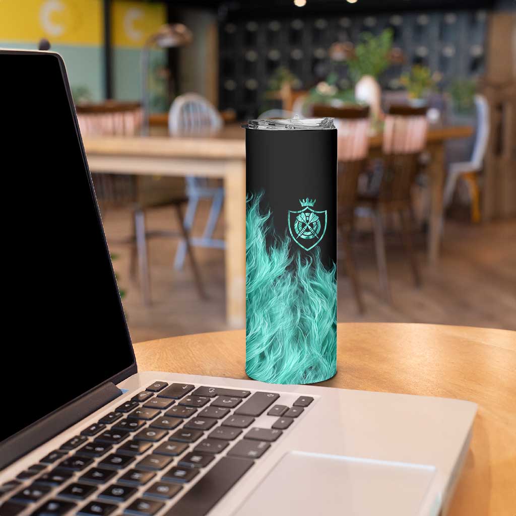 Darts Board Skinny Tumbler with Flaming Green Smoke and Crest Emblem on Black Gradient Background - Wonder Print Shop