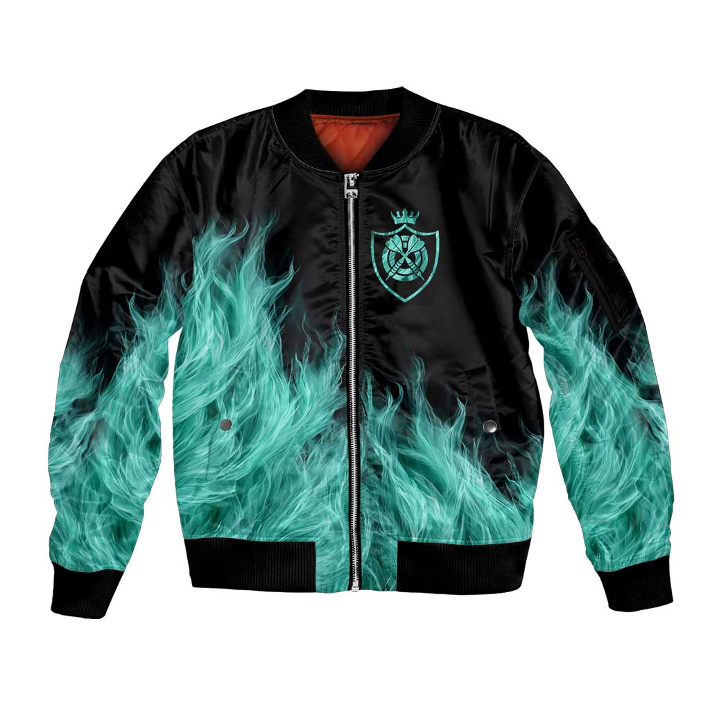 Darts Board Sleeve Zip Bomber Jacket with Flaming Green Smoke and Crest Emblem on Black Gradient Background - Wonder Print Shop