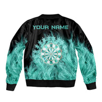 Darts Board Sleeve Zip Bomber Jacket with Flaming Green Smoke and Crest Emblem on Black Gradient Background - Wonder Print Shop