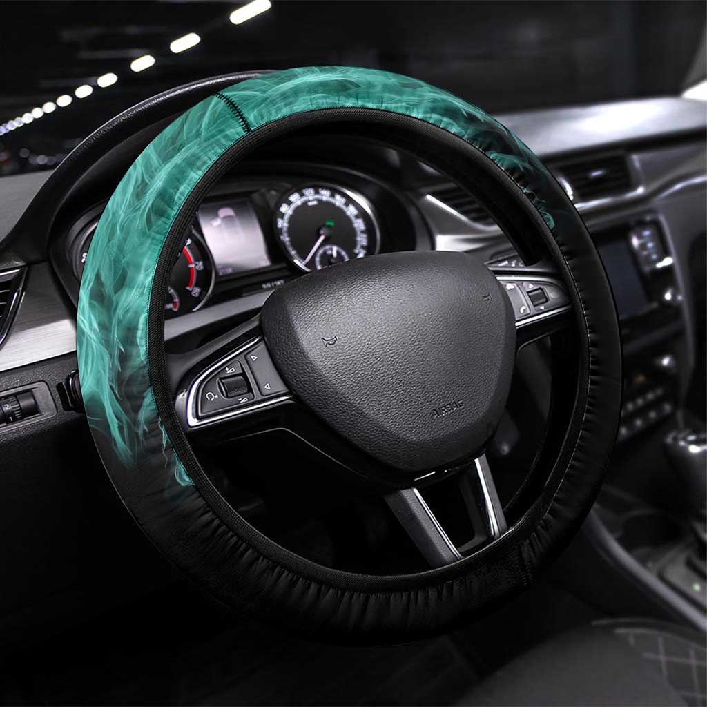 Darts Board Steering Wheel Cover with Flaming Green Smoke and Crest Emblem on Black Gradient Background - Wonder Print Shop