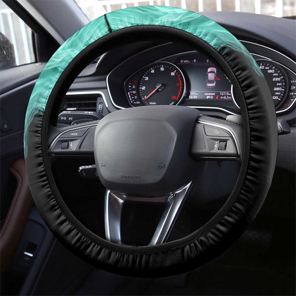 Darts Board Steering Wheel Cover with Flaming Green Smoke and Crest Emblem on Black Gradient Background - Wonder Print Shop