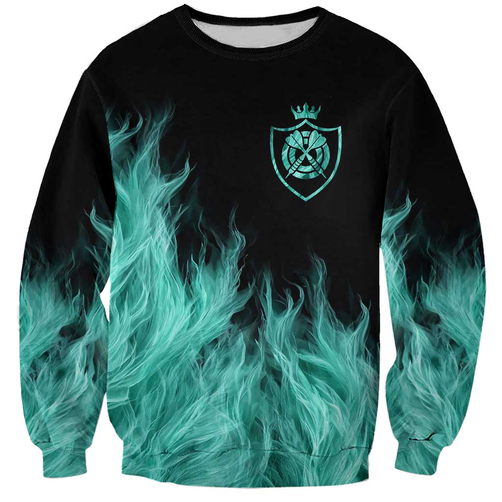 Darts Board Sweatshirt with Flaming Green Smoke and Crest Emblem on Black Gradient Background - Wonder Print Shop