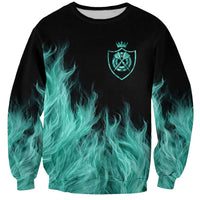 Darts Board Sweatshirt with Flaming Green Smoke and Crest Emblem on Black Gradient Background - Wonder Print Shop