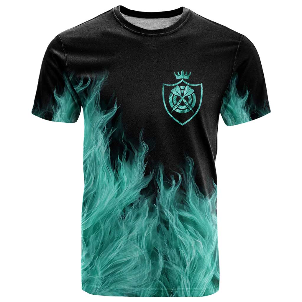 Darts Board T Shirt with Flaming Green Smoke and Crest Emblem on Black Gradient Background - Wonder Print Shop