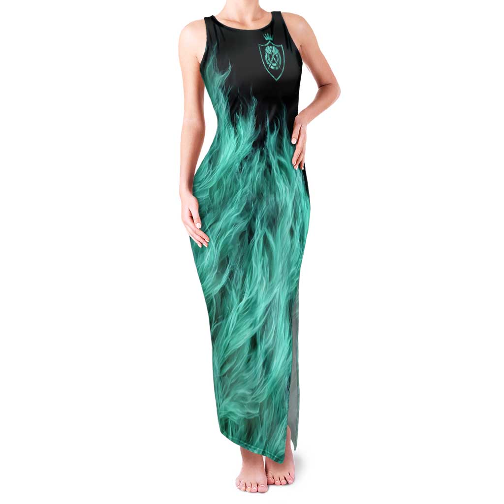 Darts Board Tank Maxi Dress with Flaming Green Smoke and Crest Emblem on Black Gradient Background - Wonder Print Shop