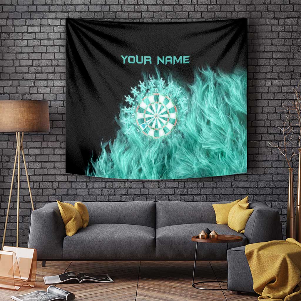 Darts Board Tapestry with Flaming Green Smoke and Crest Emblem on Black Gradient Background - Wonder Print Shop