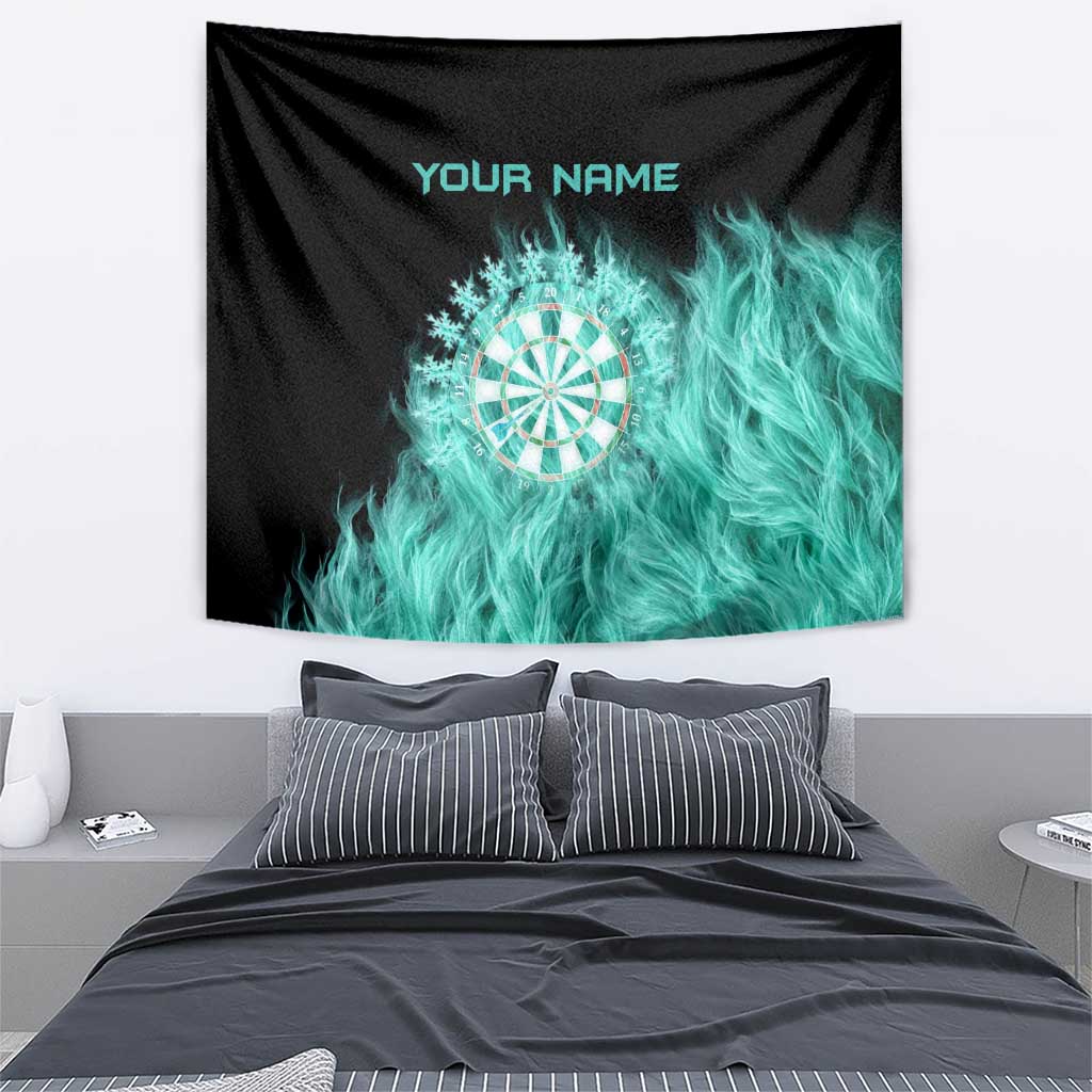 Darts Board Tapestry with Flaming Green Smoke and Crest Emblem on Black Gradient Background - Wonder Print Shop