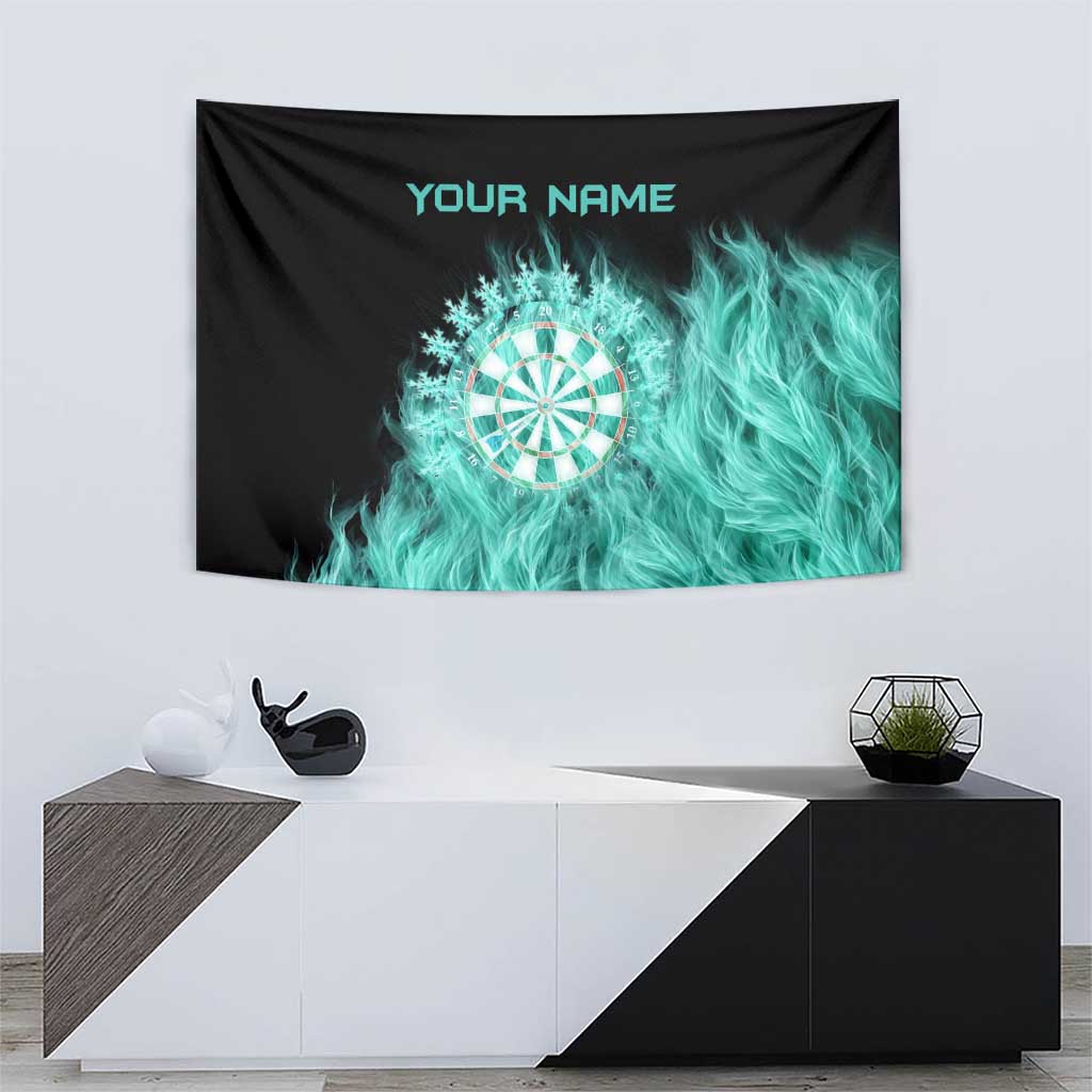 Darts Board Tapestry with Flaming Green Smoke and Crest Emblem on Black Gradient Background - Wonder Print Shop