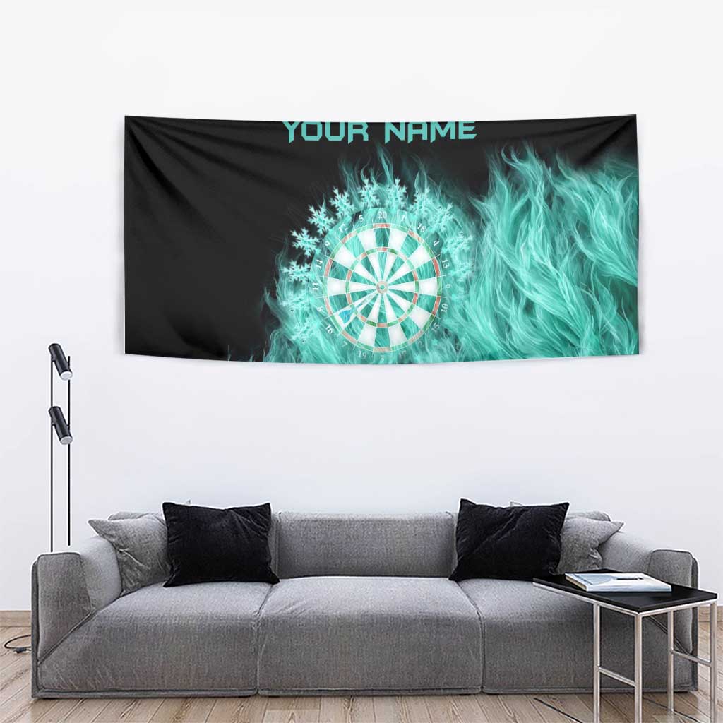 Darts Board Tapestry with Flaming Green Smoke and Crest Emblem on Black Gradient Background - Wonder Print Shop