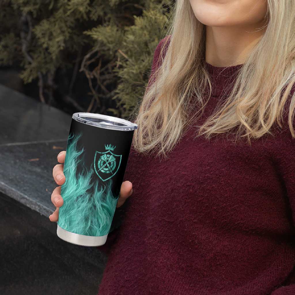 Darts Board Tumbler Cup with Flaming Green Smoke and Crest Emblem on Black Gradient Background - Wonder Print Shop