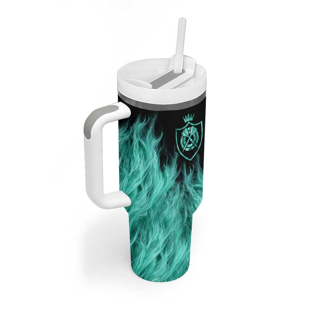 Darts Board Tumbler With Handle with Flaming Green Smoke and Crest Emblem on Black Gradient Background - Wonder Print Shop