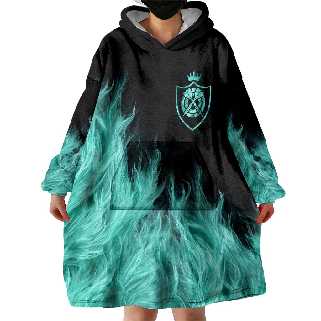 Darts Board Wearable Blanket Hoodie with Flaming Green Smoke and Crest Emblem on Black Gradient Background - Wonder Print Shop