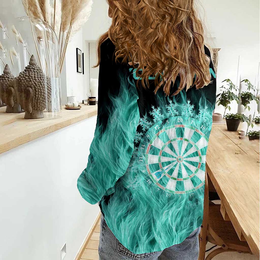 Darts Board Women Casual Shirt with Flaming Green Smoke and Crest Emblem on Black Gradient Background - Wonder Print Shop