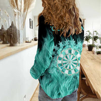 Darts Board Women Casual Shirt with Flaming Green Smoke and Crest Emblem on Black Gradient Background - Wonder Print Shop