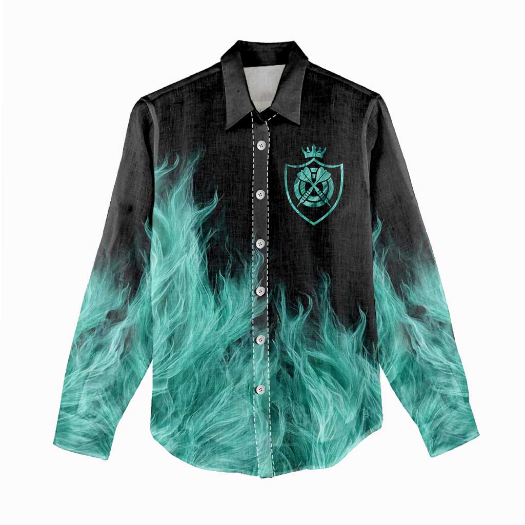 Darts Board Women Casual Shirt with Flaming Green Smoke and Crest Emblem on Black Gradient Background - Wonder Print Shop