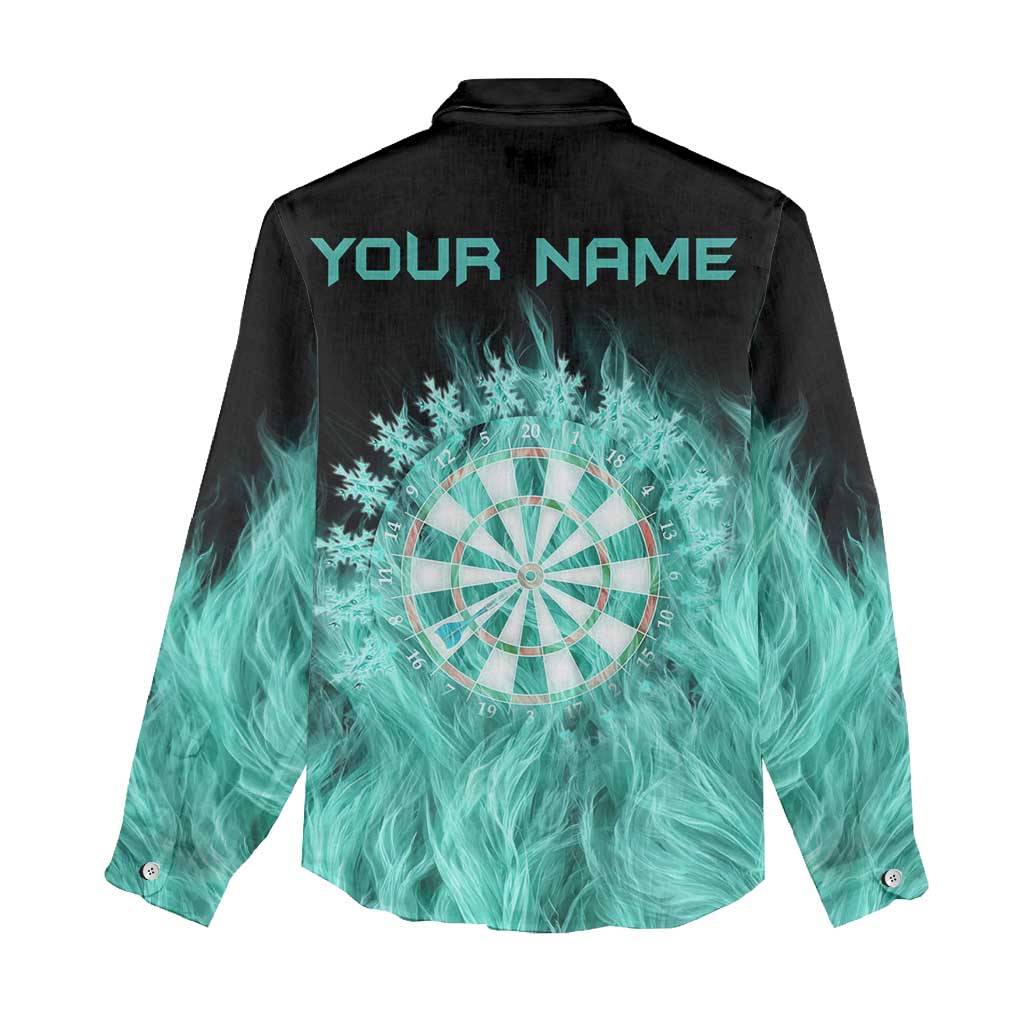 Darts Board Women Casual Shirt with Flaming Green Smoke and Crest Emblem on Black Gradient Background - Wonder Print Shop