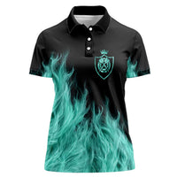 Darts Board Women Polo Shirt with Flaming Green Smoke and Crest Emblem on Black Gradient Background - Wonder Print Shop