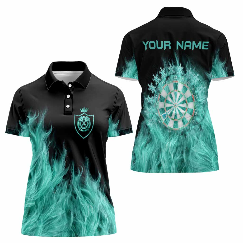 Darts Board Women Polo Shirt with Flaming Green Smoke and Crest Emblem on Black Gradient Background - Wonder Print Shop