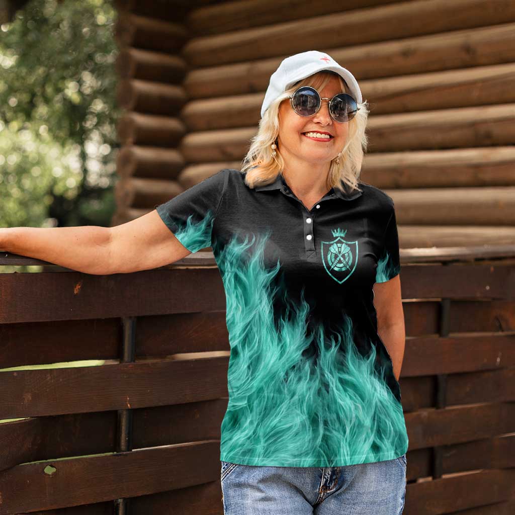 Darts Board Women Polo Shirt with Flaming Green Smoke and Crest Emblem on Black Gradient Background - Wonder Print Shop
