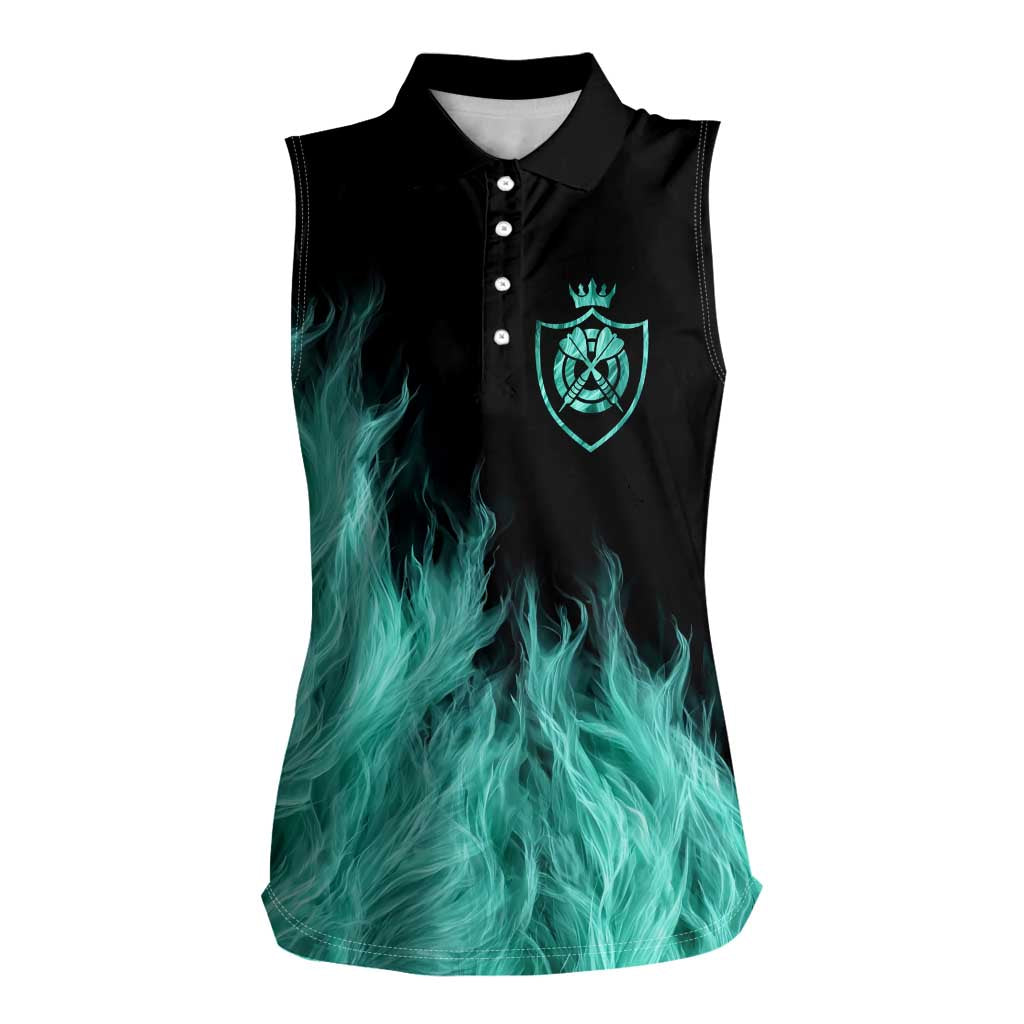 Darts Board Women Sleeveless Polo Shirt with Flaming Green Smoke and Crest Emblem on Black Gradient Background - Wonder Print Shop