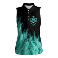 Darts Board Women Sleeveless Polo Shirt with Flaming Green Smoke and Crest Emblem on Black Gradient Background - Wonder Print Shop