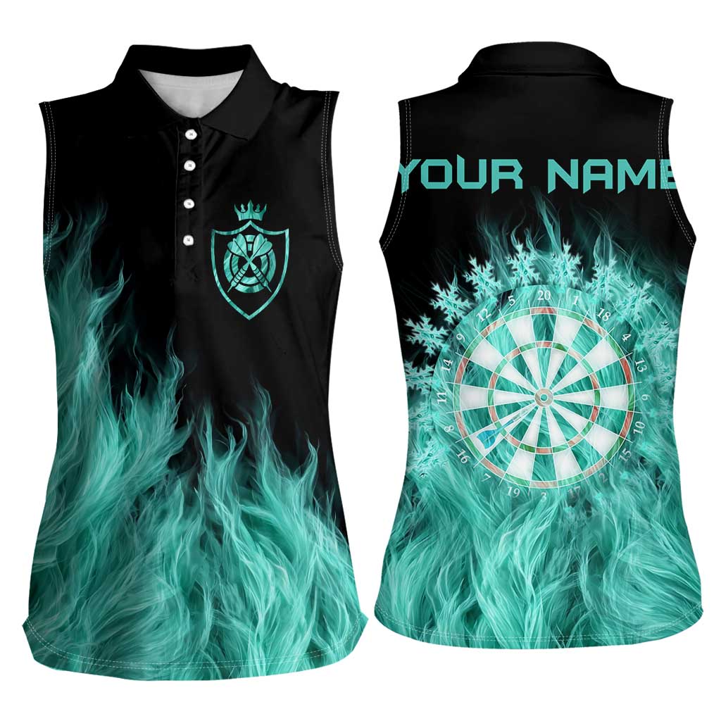 Darts Board Women Sleeveless Polo Shirt with Flaming Green Smoke and Crest Emblem on Black Gradient Background - Wonder Print Shop