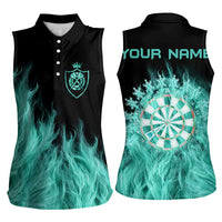 Darts Board Women Sleeveless Polo Shirt with Flaming Green Smoke and Crest Emblem on Black Gradient Background - Wonder Print Shop