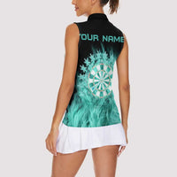 Darts Board Women Sleeveless Polo Shirt with Flaming Green Smoke and Crest Emblem on Black Gradient Background - Wonder Print Shop