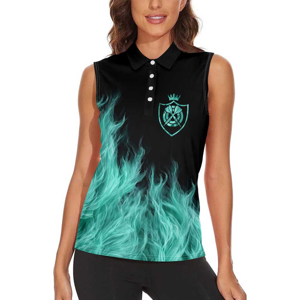 Darts Board Women Sleeveless Polo Shirt with Flaming Green Smoke and Crest Emblem on Black Gradient Background - Wonder Print Shop