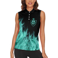 Darts Board Women Sleeveless Polo Shirt with Flaming Green Smoke and Crest Emblem on Black Gradient Background - Wonder Print Shop