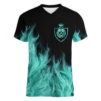 Darts Board Women V-Neck T-Shirt with Flaming Green Smoke and Crest Emblem on Black Gradient Background - Wonder Print Shop