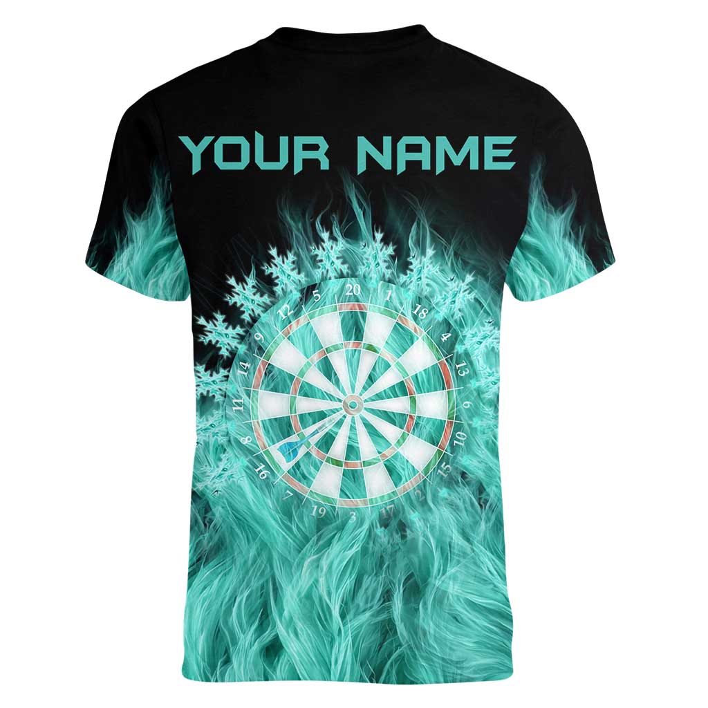 Darts Board Women V-Neck T-Shirt with Flaming Green Smoke and Crest Emblem on Black Gradient Background - Wonder Print Shop