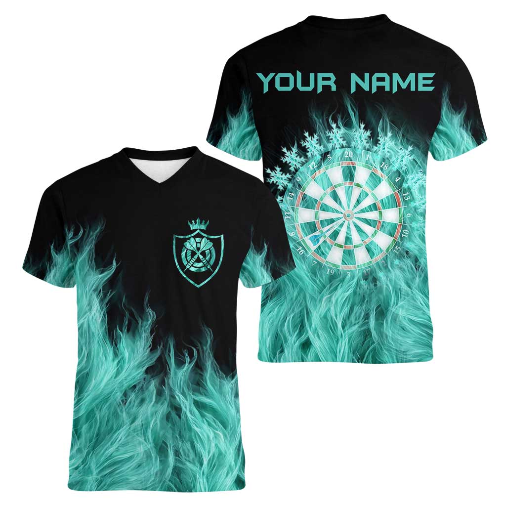 Darts Board Women V-Neck T-Shirt with Flaming Green Smoke and Crest Emblem on Black Gradient Background - Wonder Print Shop