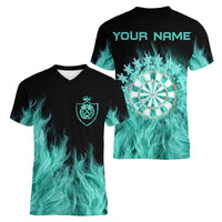 Darts Board Women V-Neck T-Shirt with Flaming Green Smoke and Crest Emblem on Black Gradient Background - Wonder Print Shop
