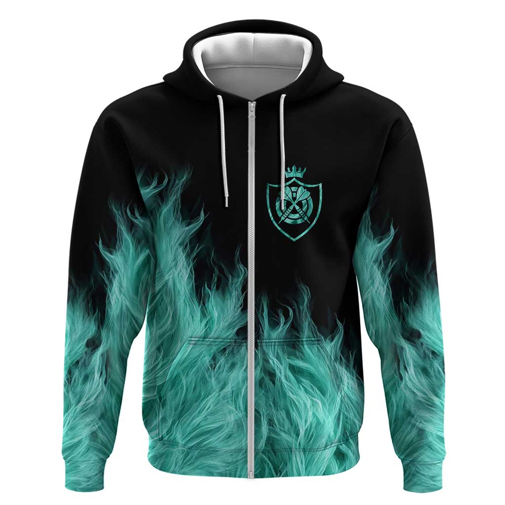 Darts Board Zip Hoodie with Flaming Green Smoke and Crest Emblem on Black Gradient Background - Wonder Print Shop