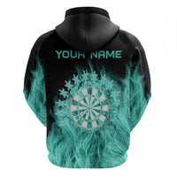 Darts Board Zip Hoodie with Flaming Green Smoke and Crest Emblem on Black Gradient Background - Wonder Print Shop