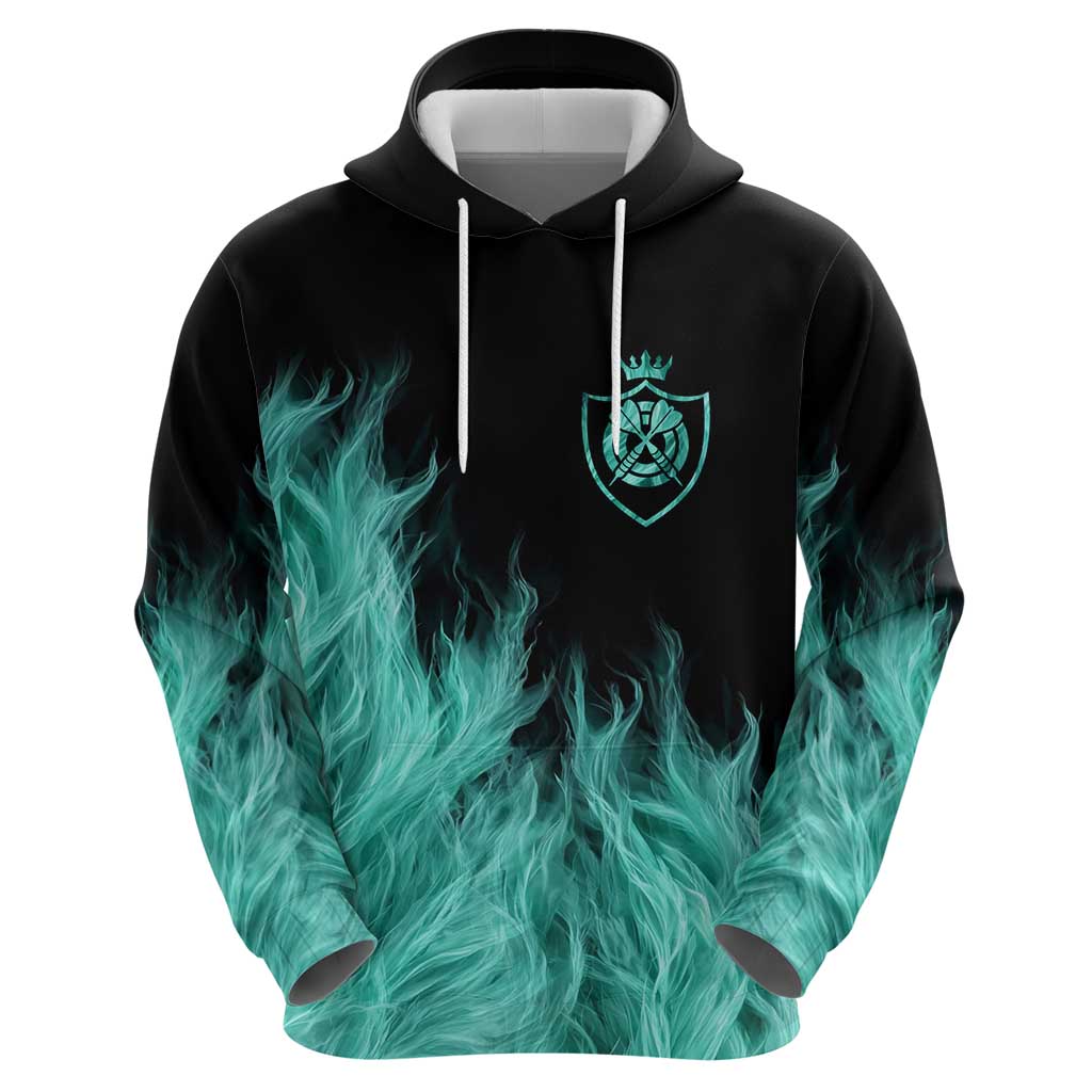 Darts Board Zip Hoodie with Flaming Green Smoke and Crest Emblem on Black Gradient Background - Wonder Print Shop