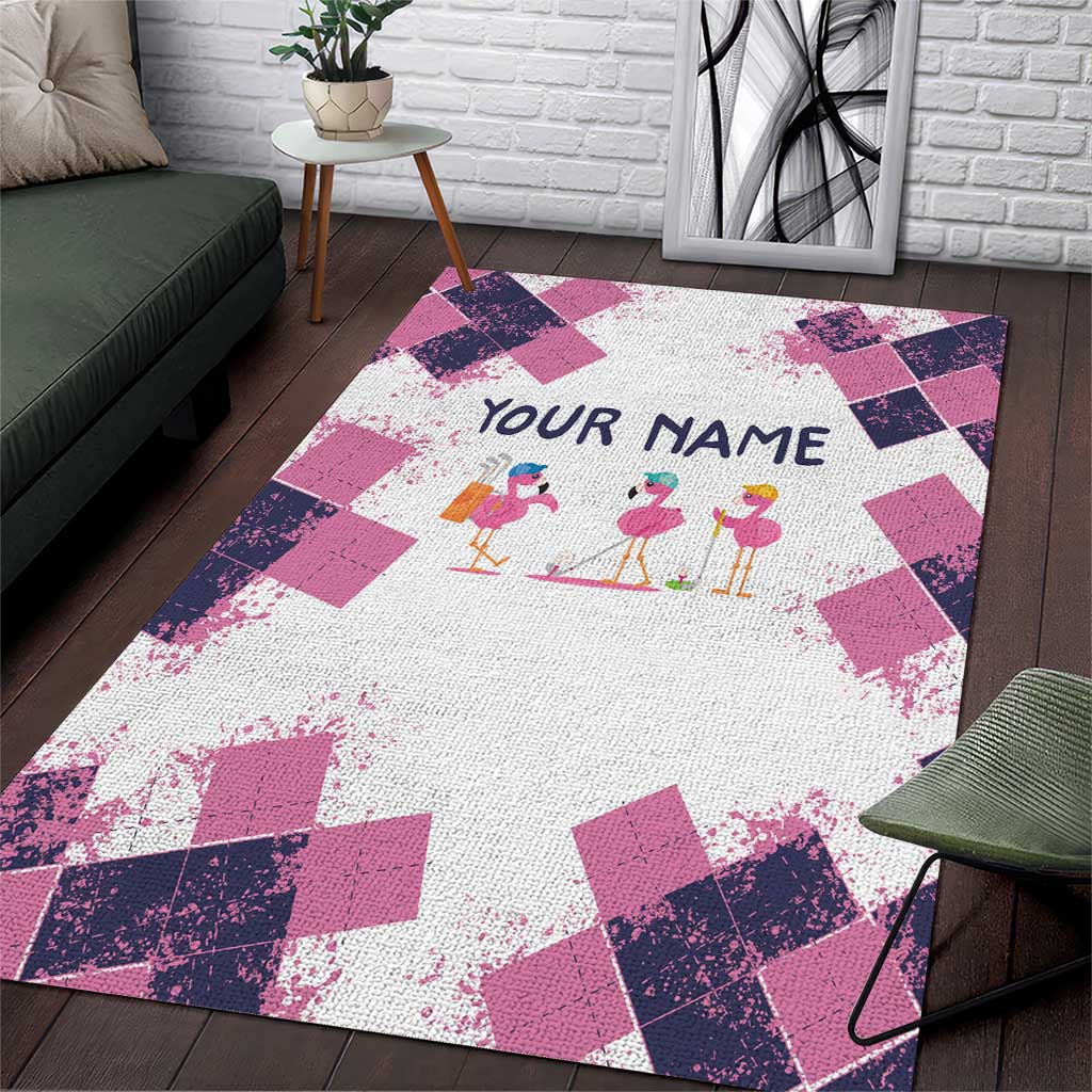 Golf Flamingo Friends Area Rug Pink Argyle Pattern and Custom Name Text on White and Rose Color Block - Wonder Print Shop