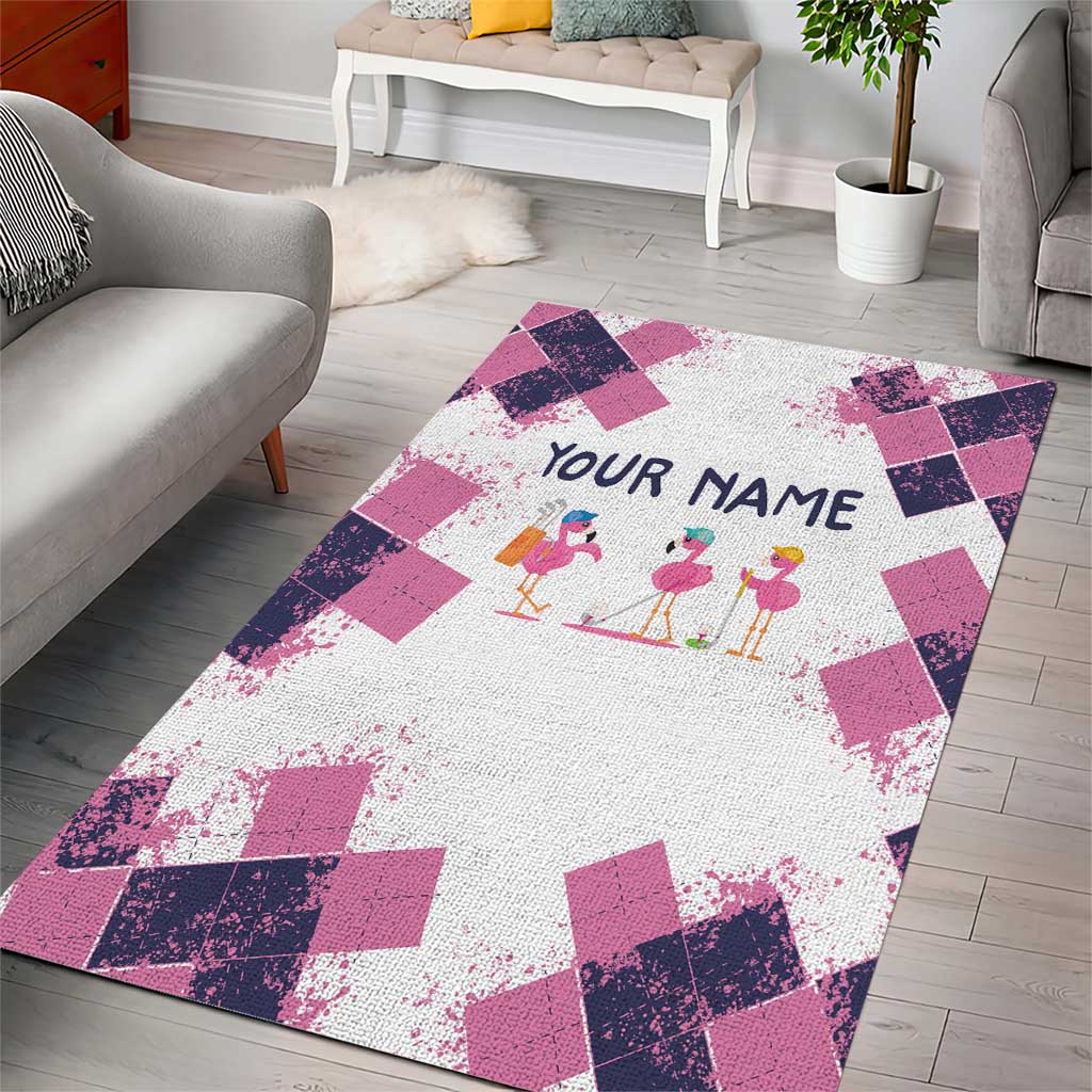 Golf Flamingo Friends Area Rug Pink Argyle Pattern and Custom Name Text on White and Rose Color Block - Wonder Print Shop
