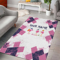 Golf Flamingo Friends Area Rug Pink Argyle Pattern and Custom Name Text on White and Rose Color Block - Wonder Print Shop