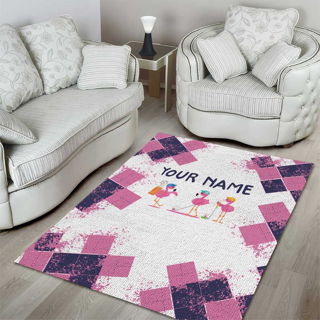 Golf Flamingo Friends Area Rug Pink Argyle Pattern and Custom Name Text on White and Rose Color Block - Wonder Print Shop