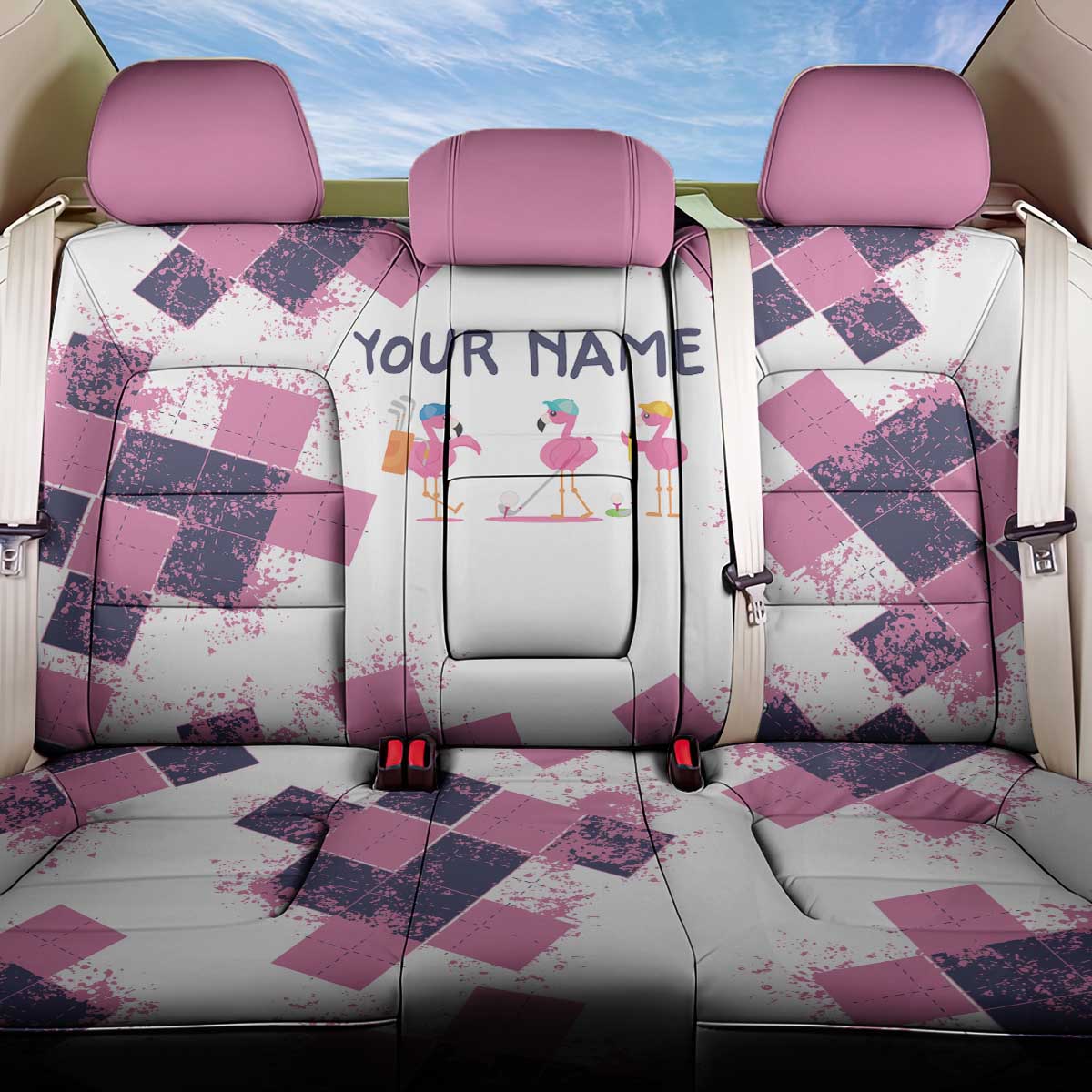 Golf Flamingo Friends Back Car Seat Cover Pink Argyle Pattern and Custom Name Text on White and Rose Color Block - Wonder Print Shop