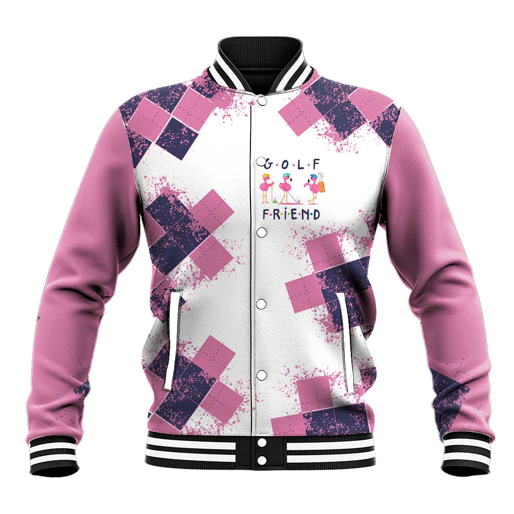 Golf Flamingo Friends Baseball Jacket Pink Argyle Pattern and Custom Name Text on White and Rose Color Block - Wonder Print Shop