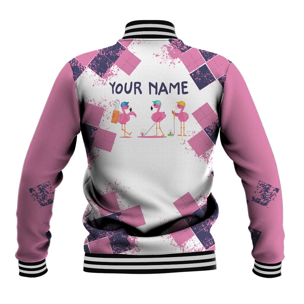 Golf Flamingo Friends Baseball Jacket Pink Argyle Pattern and Custom Name Text on White and Rose Color Block - Wonder Print Shop