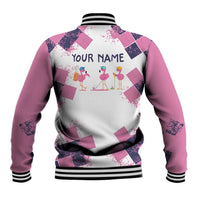 Golf Flamingo Friends Baseball Jacket Pink Argyle Pattern and Custom Name Text on White and Rose Color Block - Wonder Print Shop